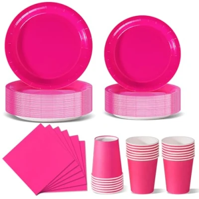 Image of Nkaiso Red Party Tableware, 96 Pieces Colorful Supplies Set Solid Color Paper Plates Cups and Napkins for Birthday