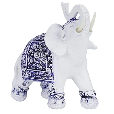 Image of Buachois Elegant Statue Resin Feng Shui Golden Sculpture Wealth Lucky Elephant Figurine with Trunk Facing Upwards for Home Office Decoration(Blue and White Porcelain M)