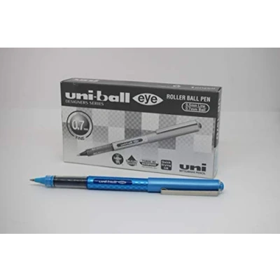 Image of Uni ball UB 157D Eye Designer Rollerball Pens. Premium Fine 0.7mm Ballpoint Tip for Super Smooth Handwriting, Art and Drawing. Fade Water Resistant Liquid Ink. Box of 12 Light Blue