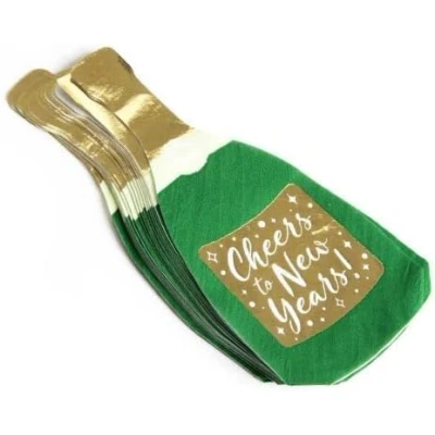 Image of Champagne Bottle Napkins Pack of 20 Green &amp; Gold Shaped Disposable New Years Eve Party Tableware Accessory