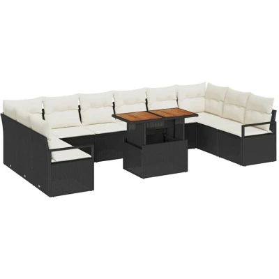Image of vidaXL 11 Piece Garden Sofa Set with Cushions Black Poly Rattan Acacia