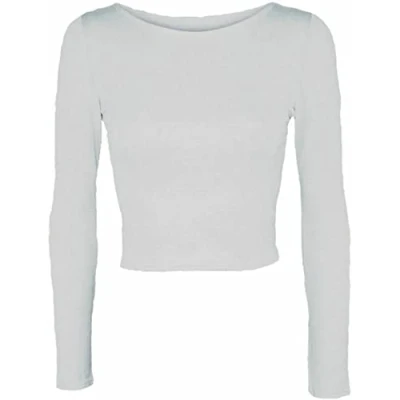 Image of Womens Crop Long Sleeve T Shirt Ladies Short Plain Round Neck Top Fitness Workout Running Shirts Cropped Tops (White UK 12 14)