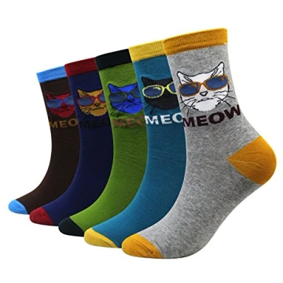 Image of Cansok Men Animal Happy Odd Funky Novelty Dress Crew Socks (Cat with Glasses)