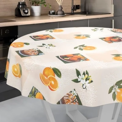 Image of ANRO Oilcloth Tablecloth Washable Garden Outdoor Indoor Round 140 cm Cut Edge Orange