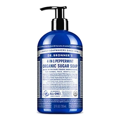 Image of Dr Bronner’s 4 in 1 Organic Peppermint Soap, Made with Oils and Shikakai Powder, For Hands, Body, Face &amp; Hair, Fair Trade Certified Vegan Friendly, 335ml Recycled Pump Bottle