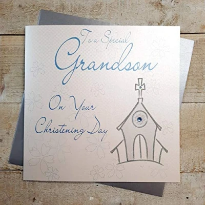 Image of WHITE COTTON CARDS Code XLWB40 To A Special Grandson on Your Christening Day, Handmade Large Card Blue Church,22cm x 22cm