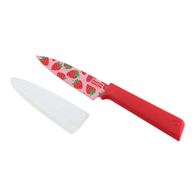 Image of Kuhn Rikon Funky Fruit Strawberry Colori+ Non Stick Straight Paring Knife with Safety Sheath, Stainless Steel , 19 cm,