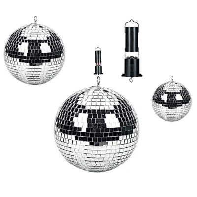 Image of Playlearn Disco Mirror Glitter Balls Party Decoration &amp; Sensory Shiny Silver Hanging Lighting Effect Pack of 3 20cm, 15cm, 10cm Rotating Motor