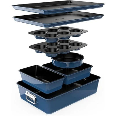 Image of NutriChef Baking Tray Set, Stackable Bakeware Trays, 8 Pcs Non Stick Oven Safe Sets w/Cookie, Loaf Pan, Pizza Muffin Tins, Cake Tin, Round/Square Pans