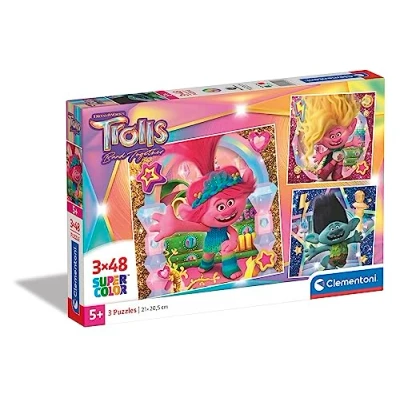 Image of Clementoni 25292 Supercolor Puzzle Trolls 3 3x48 Pieces (3 Puzzles Included), Jigsaw For Kids Age 5, Cartoon, Made In Italy