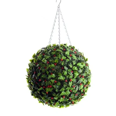 Image of Best Artificial 38cm Holly Ball Christmas Topiary Xmas Hanging Basket