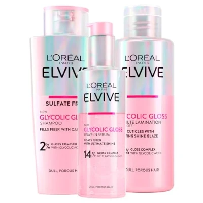 Image of L&#039;Oréal Paris Elvive Glycolic Gloss Acid Shampoo 200ml + Hair Leave In Serum 150ml 5 Minute Lamination Treatment Set Dull Porous Intense and Long Lasting Shine 3 Bottles