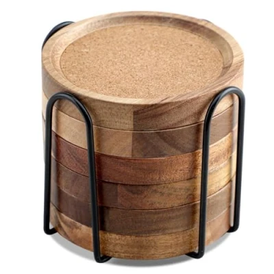 Image of Wood Coasters for Drinks Absorbent with Holder, Set of 6, Acacia Cork Coaster Rustic Coasters, Coffee Table Dining Wooden and Insulation Stackable Cup Holders