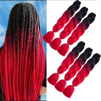 Image of Jumbo Braids Red 6 Pieces Synthetic Afro Braiding Hair Extensions 24 Inch 2 Tone for Women Twist Crochet 100 g (Black to Red)