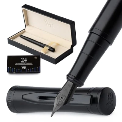 Image of Wordsworth &amp; Black Fountain Pen Set, Medium Nib, Includes 24 Pack Ink Cartridges, Refill Converter Gift Box, Calligraphy, [All Black], Perfect for Men Women