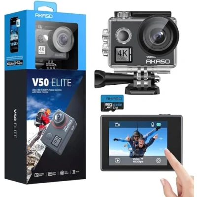 Image of AKASO V50 Elite Action Camera + 64GB microSD Memory Card 4K/60fps Touch Screen WiFi Voice Control EIS 40m Waterproof Adjustable View Angle 8X Zoom with Accessories Kit