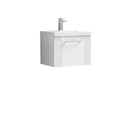 Image of nuie Modern Bathroom Wall Hung 1 Drawer Part Fluted Vanity Unit with Mid Edge Ceramic Basin, Satin White, 500mm