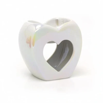 Image of Pearlized White Ceramic Oil Burner Heart Shaped Tea Light Wax Melt Elegant &amp; Essential Warmer 11cm