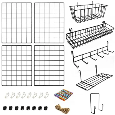 Image of 4 Pack Wire Wall Grid Panel With Accessories Includes Hanging Baskets, Letter Sorter, Shelf &amp; Hook Rack Complete Set Notice Board Home, Office Kitchen Décor Photo