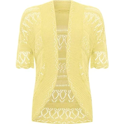 Image of WearAll Womens Plus Size Crochet Knitted Short Sleeve Ladies Open Cardigan Top Yellow 18 20