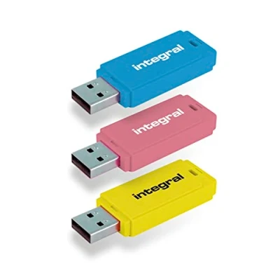 Image of Integral 32GB Neon USB 2.0 Flash Drive 3 Pack (Blue/Pink/Yellow)