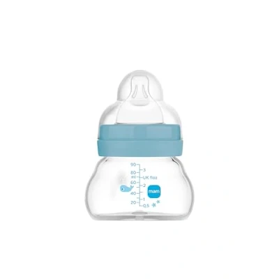 Image of MAM Feel Good A156 Glass Bottle with Patented SkinSoftTM Silicone Ultra Soft for Babies 0 Months + 90 ml Blue