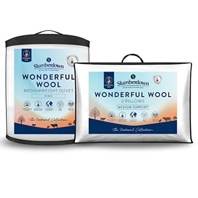 Image of Slumberdown Wonderful Wool King Size Duvet Temperature Regulating 7 9 Tog Mediumweight All Year Round Quilt, 2 Pillows 100% British Wool, Soft Cotton Cover, Easy Care, (225m x 220cm)