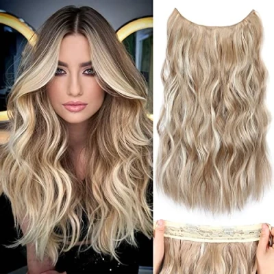 Image of Halos Hair Extension with Transparent Wire, Invisible Wire Extensions 5 Adjustable Sizes, 20 Inch Synthetic Long Wavy Pieces for Women (Color: Dark Ash Blonde Mixed Bleach Blonde)