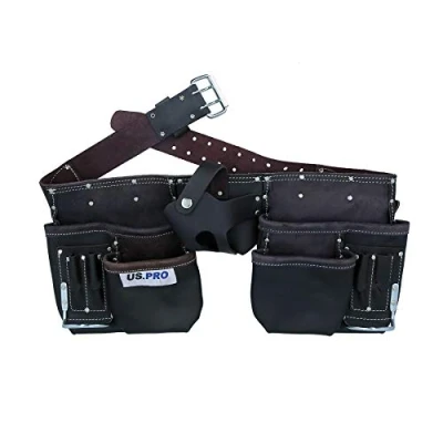 Image of Double Leather Toll Belt Roll Pouch Holder with Adjustable Buckle 11 Pockets