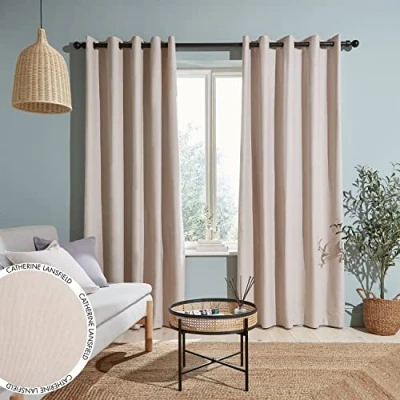 Image of Catherine Lansfield Yarn Dyed Cotton Chambray 46x72 Inch Eyelet Curtains Two Panels Natural
