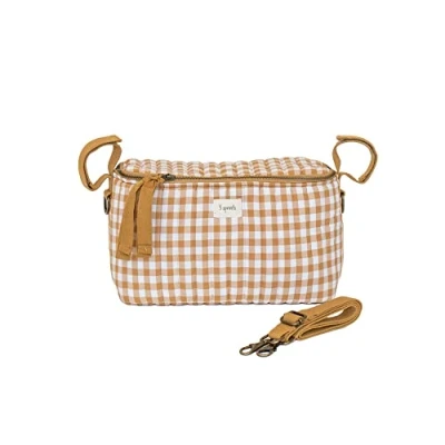 Image of 3 Sprouts Pram Organiser Universal Quilted Stroller Bag with Cup Holder and Zip Top, Buggy Caddy for Pushchair Storage, Shoulder Strap Converts to Small Nappy Gingham Mustard
