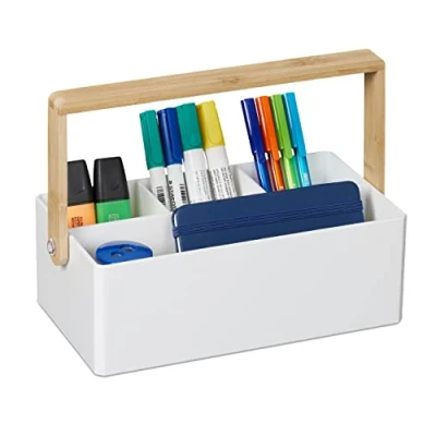 Image of Relaxdays Organiser, Carrying Handle, 4 Compartments, Storage, Bamboo, Plastic, H x W D 8.5 26 16 cm, White