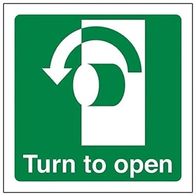 Image of V Safety 22017AF R Turn To Open (Anti Clockwise) Sign Square 100mm x 1mm Rigid Plastic, Green