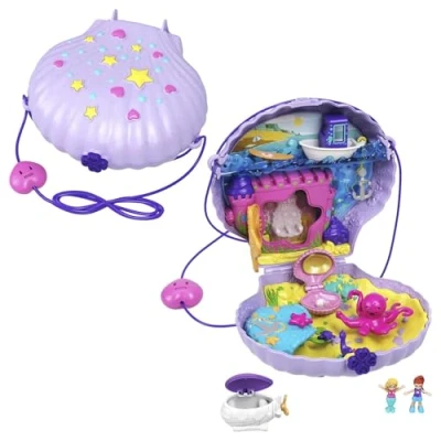 Image of Polly Pocket Micro, Tiny Power Seashell Purse Playset, Purple Shell Purse, Mermaid Theme, 2 Dolls, Toys for Ages 4 and Up, One GNH11