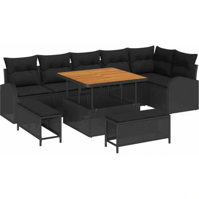 Image of vidaXL 9 Piece Garden Sofa Set with Cushions Black Poly Rattan Acacia