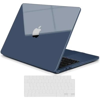 Image of TECOOL Premium Case compatible with MacBook Air M3 M2 13.6 inch 2024 A3113 2022 A2681, Ultra Thin Hard Shell &amp; UK EU TPU Keyboard Cover, Glossy Clear Midnight Blue