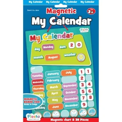 Image of Magnetic Calendar for Kids (T2399) by Fiesta Crafts Educational Chart of Days the Week with Moveable Numbers, Months, &amp; Weather Pieces Interactive Learning Board Children