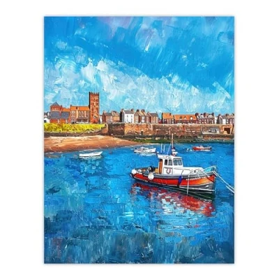 Image of Artery8 North England Coastal Town Fishing Boats Painting Living Room Large Wall Art Poster Print Thick Paper 18X24 Inch