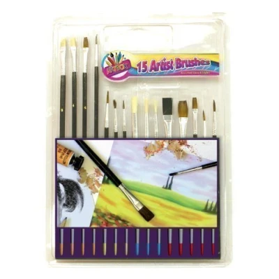 Image of 15 Piece Artist Brushes Paint Brush Set Flat &amp; Tipped Different Size and Length