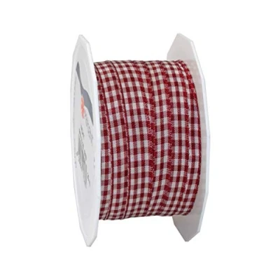Image of Präsent Vichy Wired Ribbon Bordeaux Cream 10 mm Width, 20 m Length