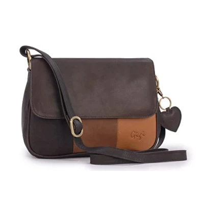 Image of Gigi Women&#039;s Medium Leather Cross Body Bag Flap Over Handbag With Long Adjustable Strap Heart Keyring Charm OTHELLO 1008 Brown/Tan
