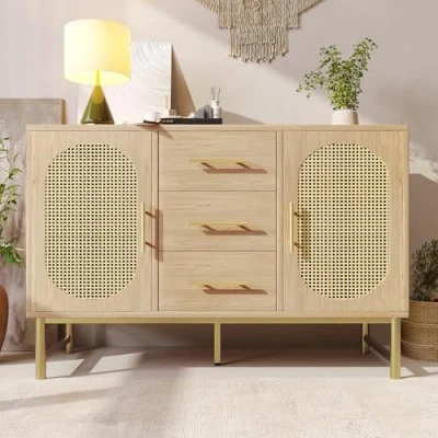 Image of ModernLuxe Rattan Sideboard Storage Cabinet with 2 Doors and 3 Drawers, Living Room Cabinets Metal Handles, Adjustable Shelves, Anti Tip, Wood Grain Veneer Chest of Oak, 120x40x74cm