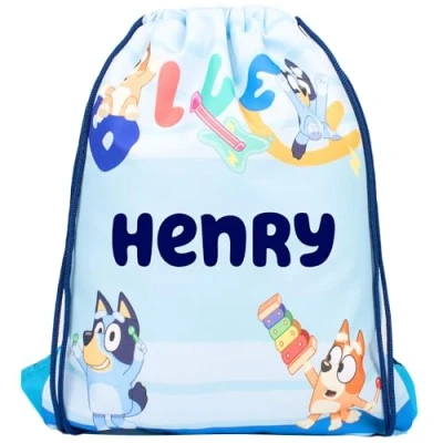 Image of Bluey Personalised Drawstring Bag For Kids PE School or Swimming Girls Merchandise (Light Blue)