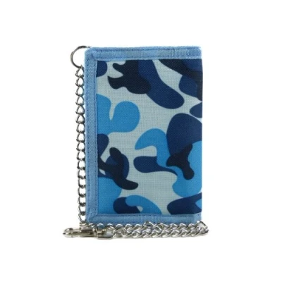 Image of Mens Boys Camouflage Canvas Tri Fold Wallet with Chain &amp; Clip CAMO Slim Blue/Navy