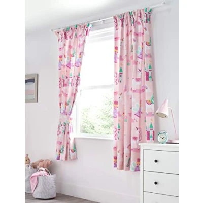 Image of Bloomsbury Mill Kids Curtains for Girls Bedroom Unicorn, Rainbow &amp; Princess Lined Curtain Pair with Tiebacks Pink Nursery Childrens Baby Room 66X72 inch drop (168x183cm)