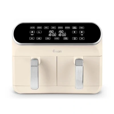 Image of Swan SD10519C Retro Dual Basket Air Fryer with Cyclone Technology, LED Display, 8 Pre Set Cooking Options, 8L, 1700W, Green
