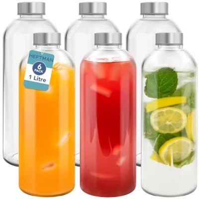 Image of HEFTMAN Glass Water Bottle 1 Litre 6 Pack Empty Bottles with Lids Water, Smoothies, Juice Airtight, Leakproof, Stainless Steel &amp; Cleaning Brush for Work, Gym, Home
