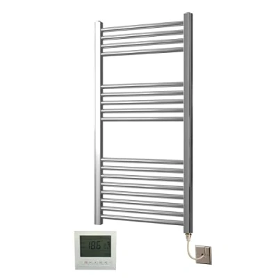Image of Greened House Electric Chrome 500W x 1000H Flat Towel Rail + Timer and Room Thermostat New Bathroom Rails