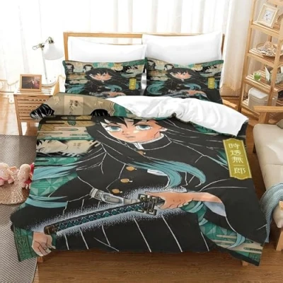 Image of GDEKCIEAS Anime 3D Demon Slayer Kids Bedding Set,3Pcs Duvet Cover,Comforter Set with Zipper Closure,Soft Microfiber for Teens And Adults Single（140x200cm）