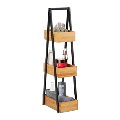 Image of Relaxdays Bamboo Shelf, Compact 3 Tier Ladder Rack for Bathroom and Kitchen, Metal, 81x18x30 cm, Natural, 81 x 18 30cm